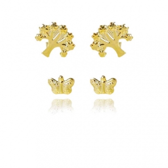 Brinco Duo de Árvore e Borboleta Banhado em Ouro 18k