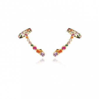 Brinco Ear Cuff com Piercing Fake e Zircônias Colorida Banhado em Ouro 18k