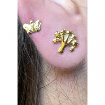 Brinco Duo de Árvore e Borboleta Banhado em Ouro 18k