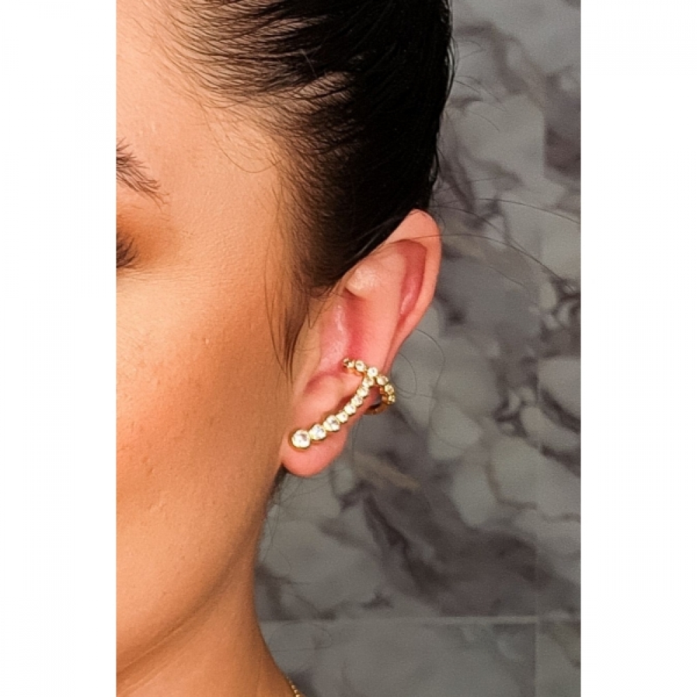 Brinco Ear Cuff com Piercing Fake e Zircônias Branca Banhado em Ouro 18k - Dourado
