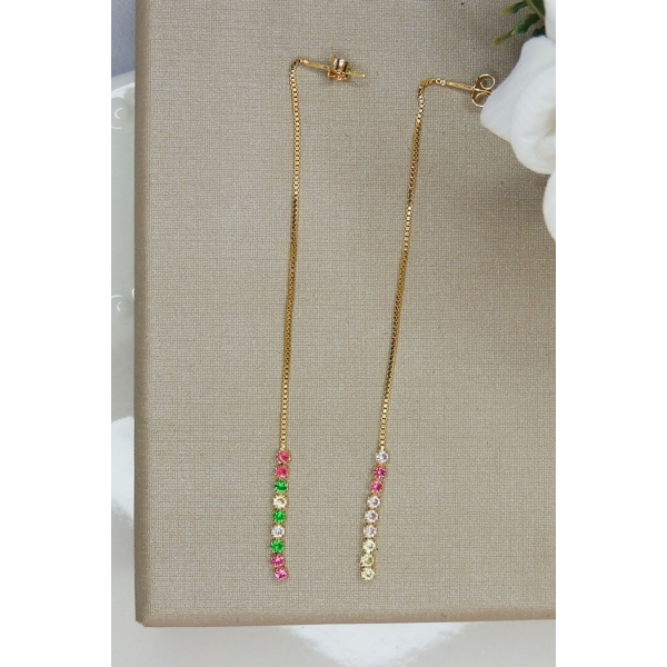 Brinco Fio de Corrente de Zircônias Coloridas Sortidas Banhado em Ouro 18k - Dourado