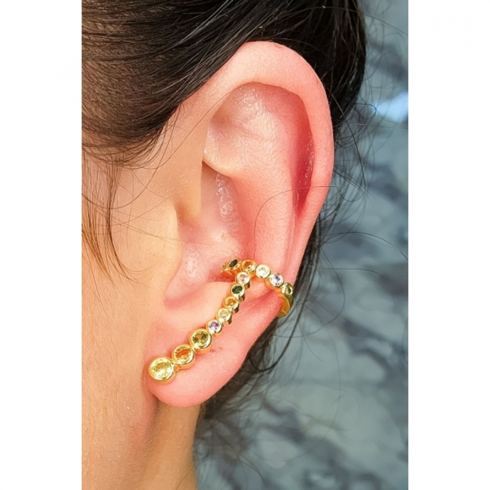 Brinco Ear Cuff com Piercing Fake e Zircônias Colorida Banhado em Ouro 18k - Dourado